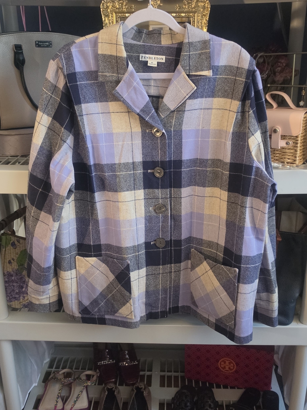 Pendleton Lavender and Navy Plaid Button Jacket